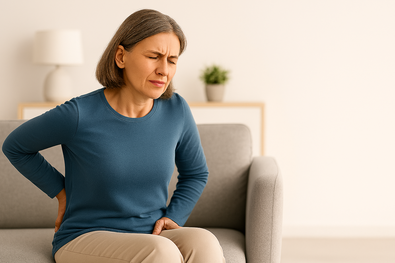 Person experiencing back and leg pain related to herniated disc or sciatica recovery